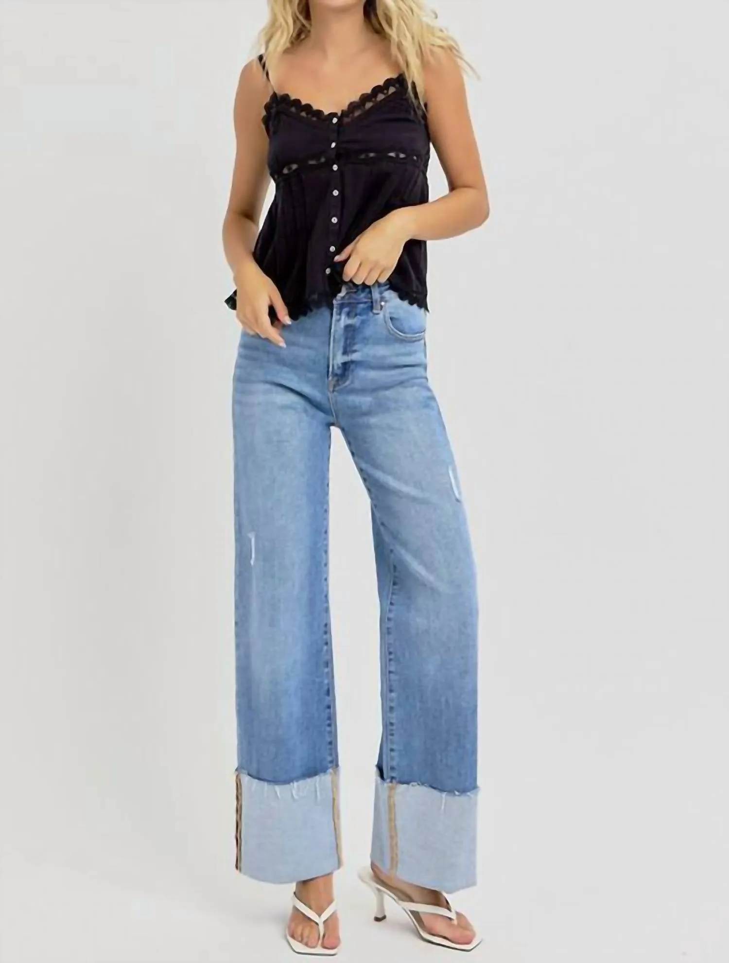 High Rise Wide Cuff Jeans In Denim