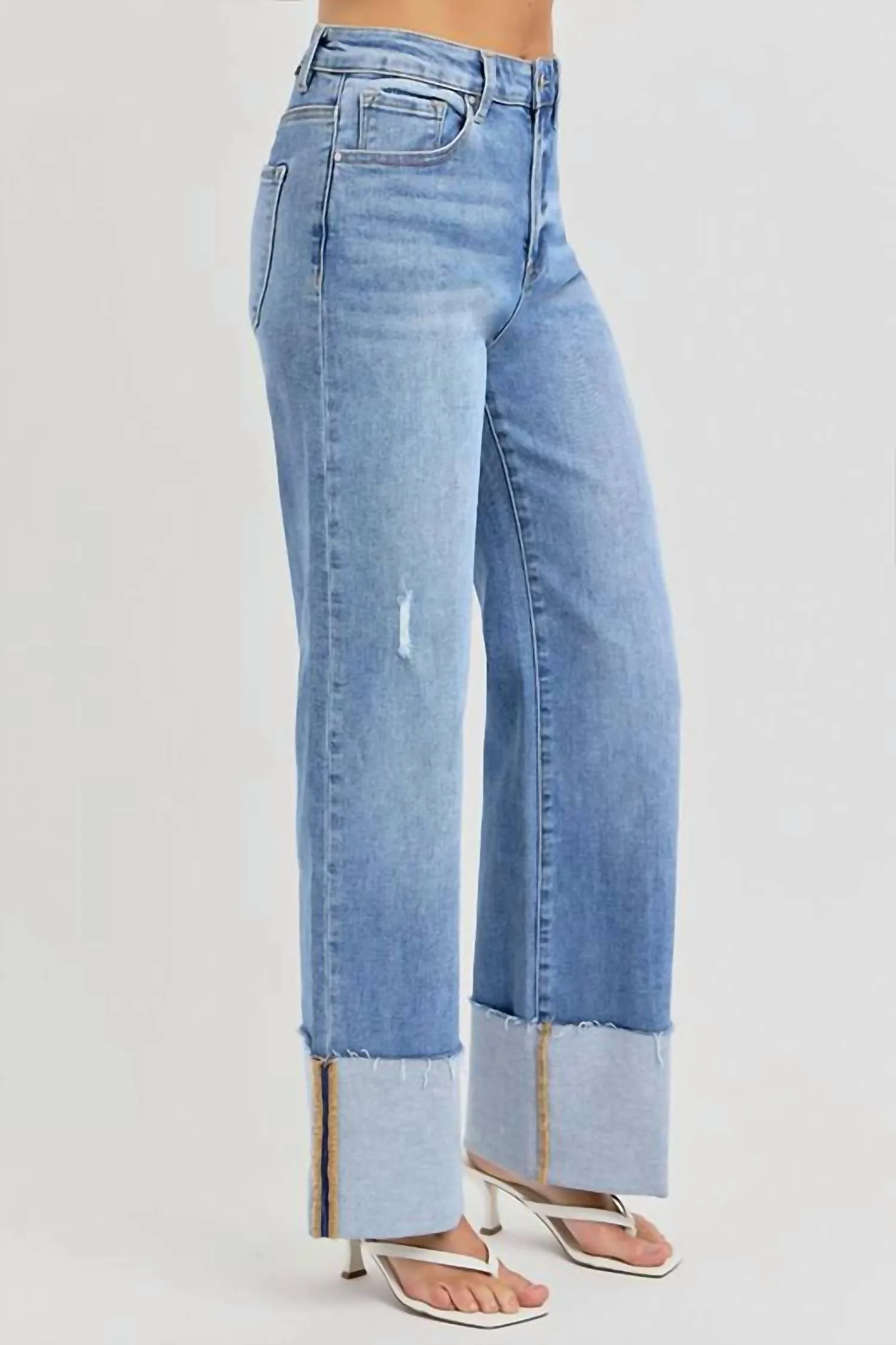 High Rise Wide Cuff Jeans In Denim