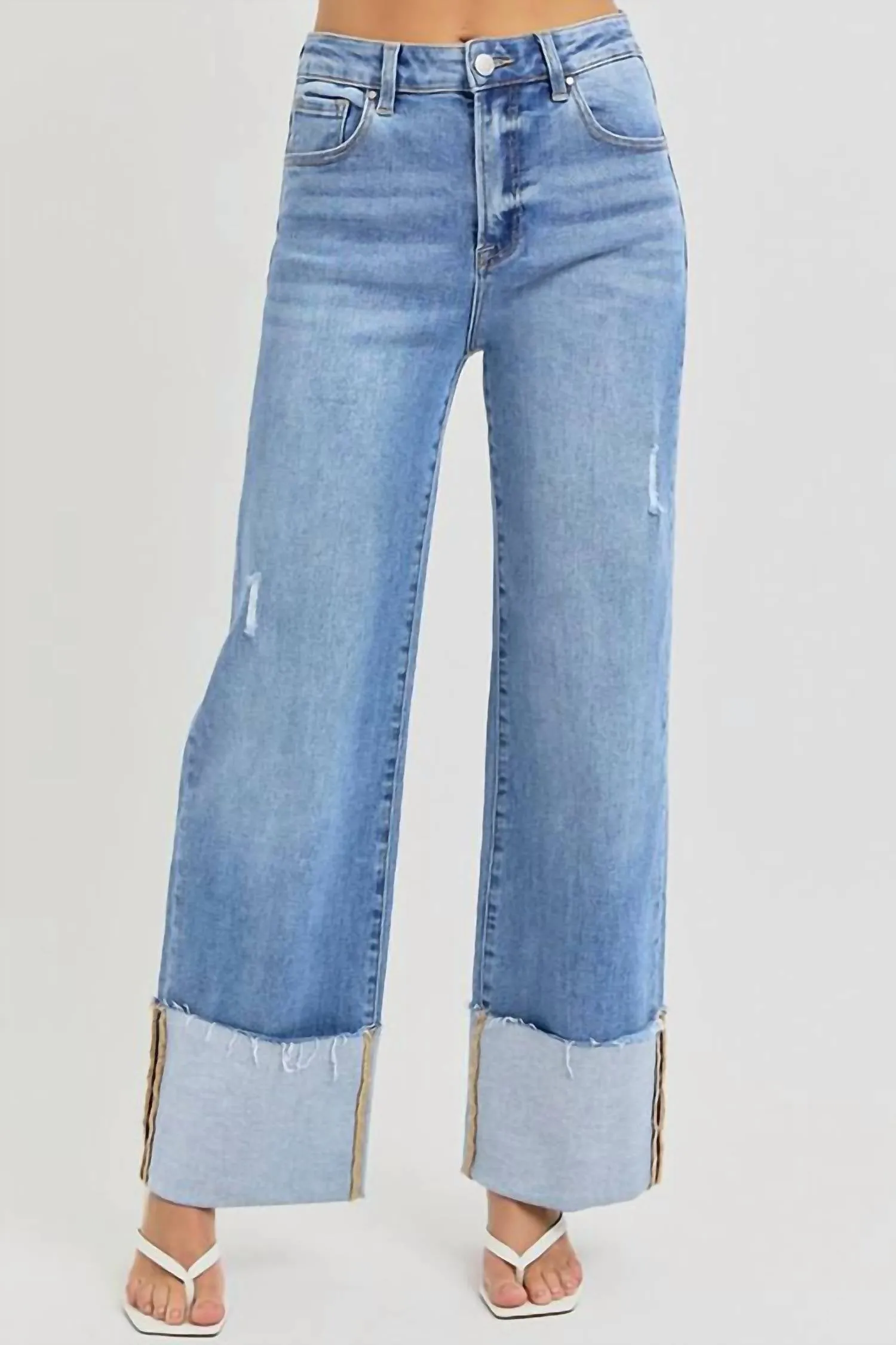 High Rise Wide Cuff Jeans In Denim