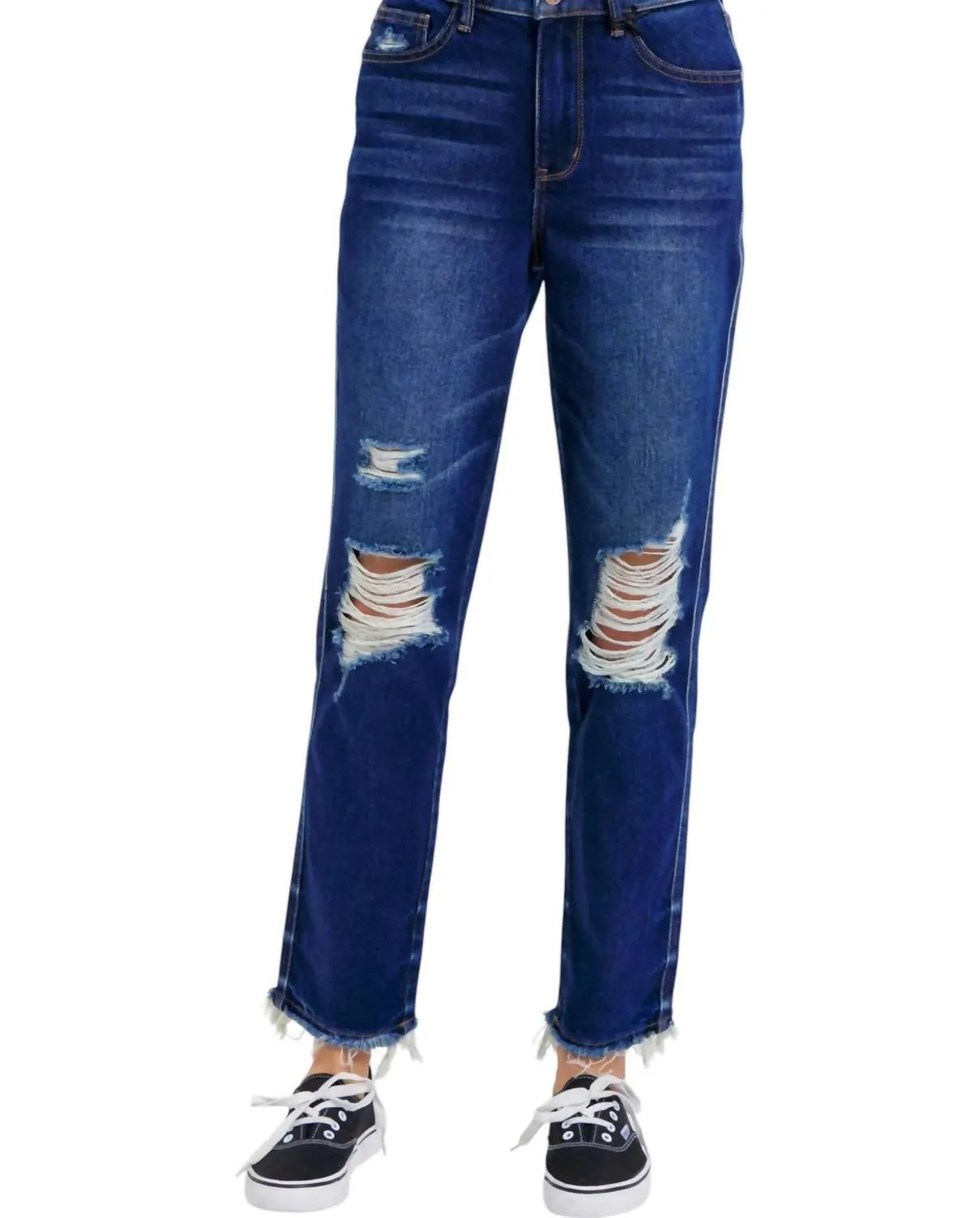 High Waist Rigid Magic Heavy Destroy Straight Jeans In Blue