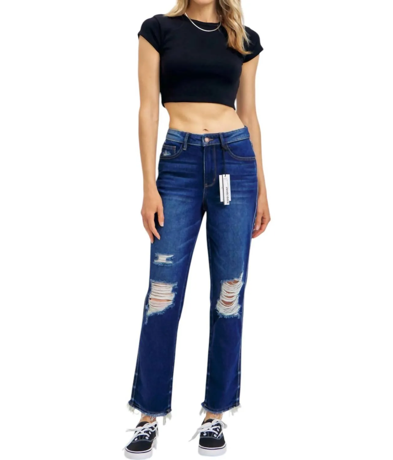 High Waist Rigid Magic Heavy Destroy Straight Jeans In Blue