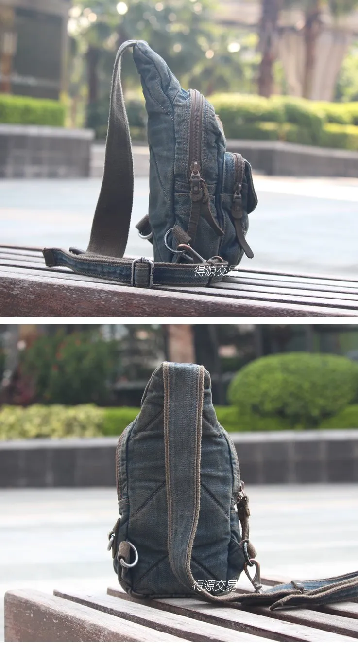 Jean Vintage Blue Messenger Bag Chest Bag Jean Blue One Shoulder Backpack For Men