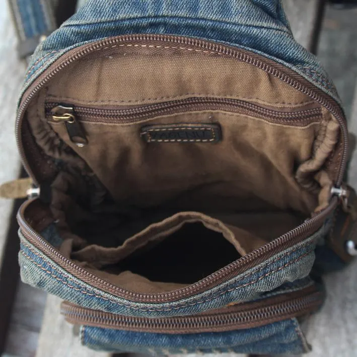 Jean Vintage Blue Messenger Bag Chest Bag Jean Blue One Shoulder Backpack For Men