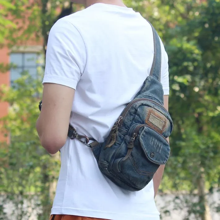 Jean Vintage Blue Messenger Bag Chest Bag Jean Blue One Shoulder Backpack For Men