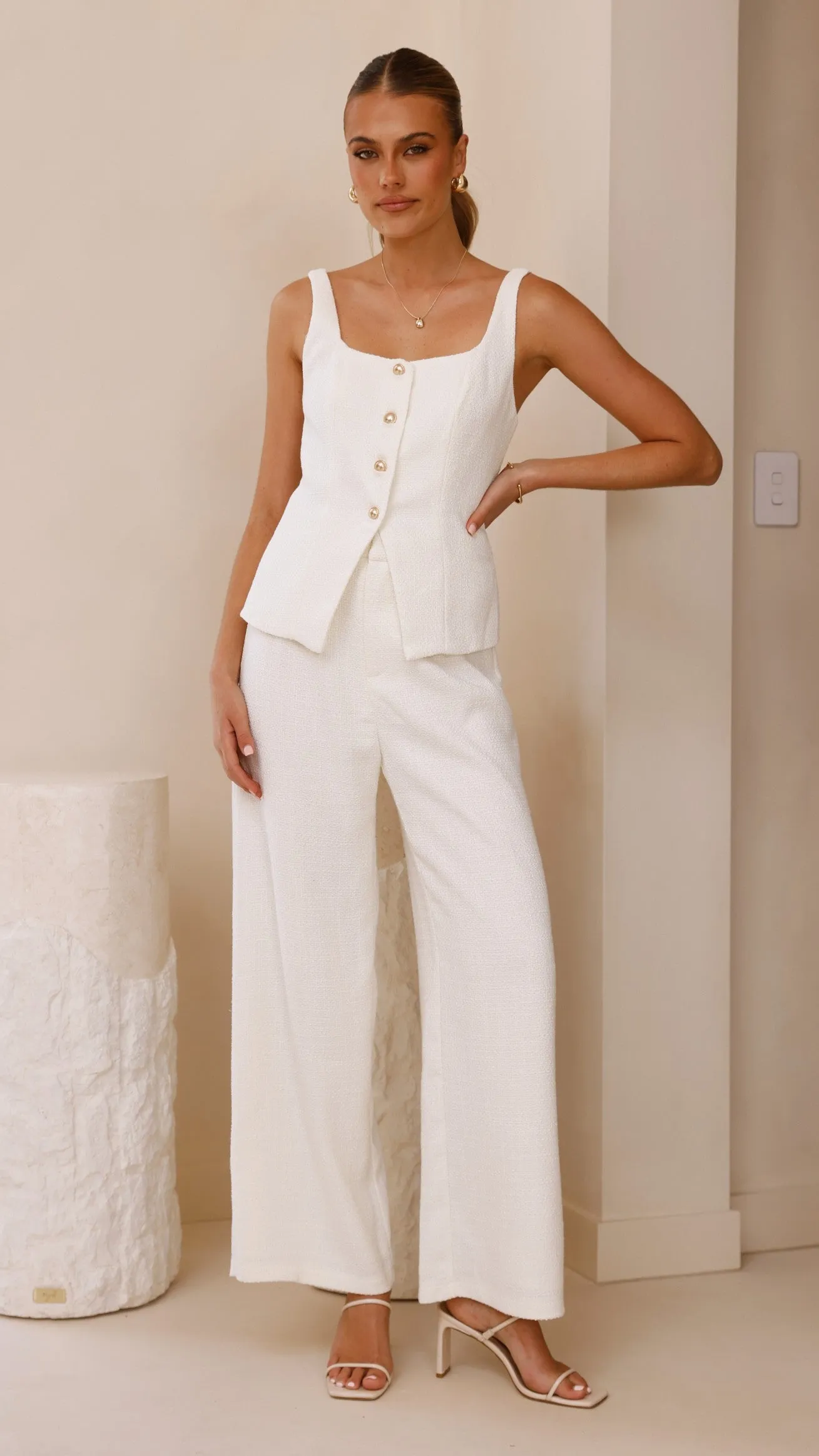 Karrina Tweed Button Up Vest and Pants Set - White
