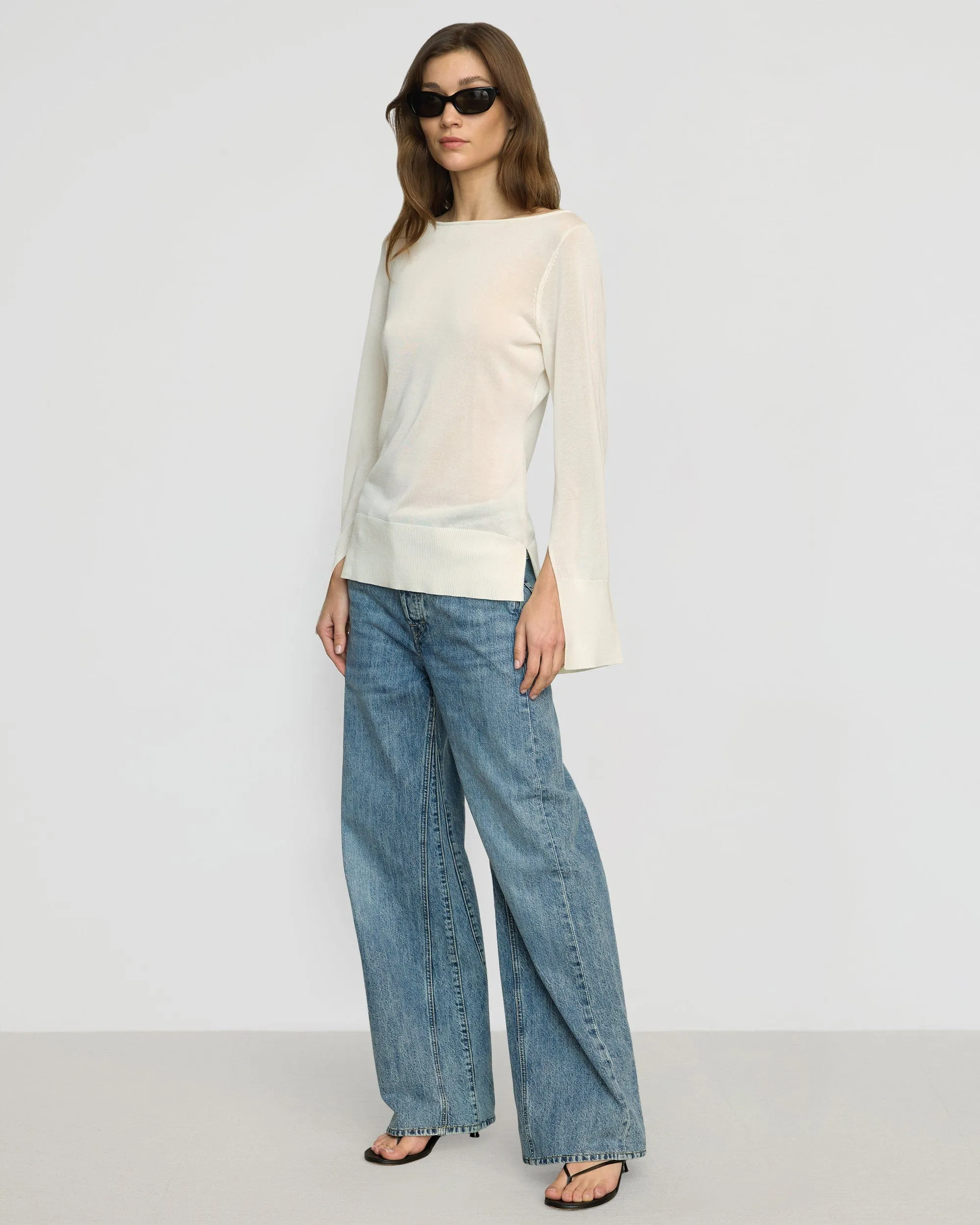 Keegan Semi-Sheer Slit-Neck Knit Top