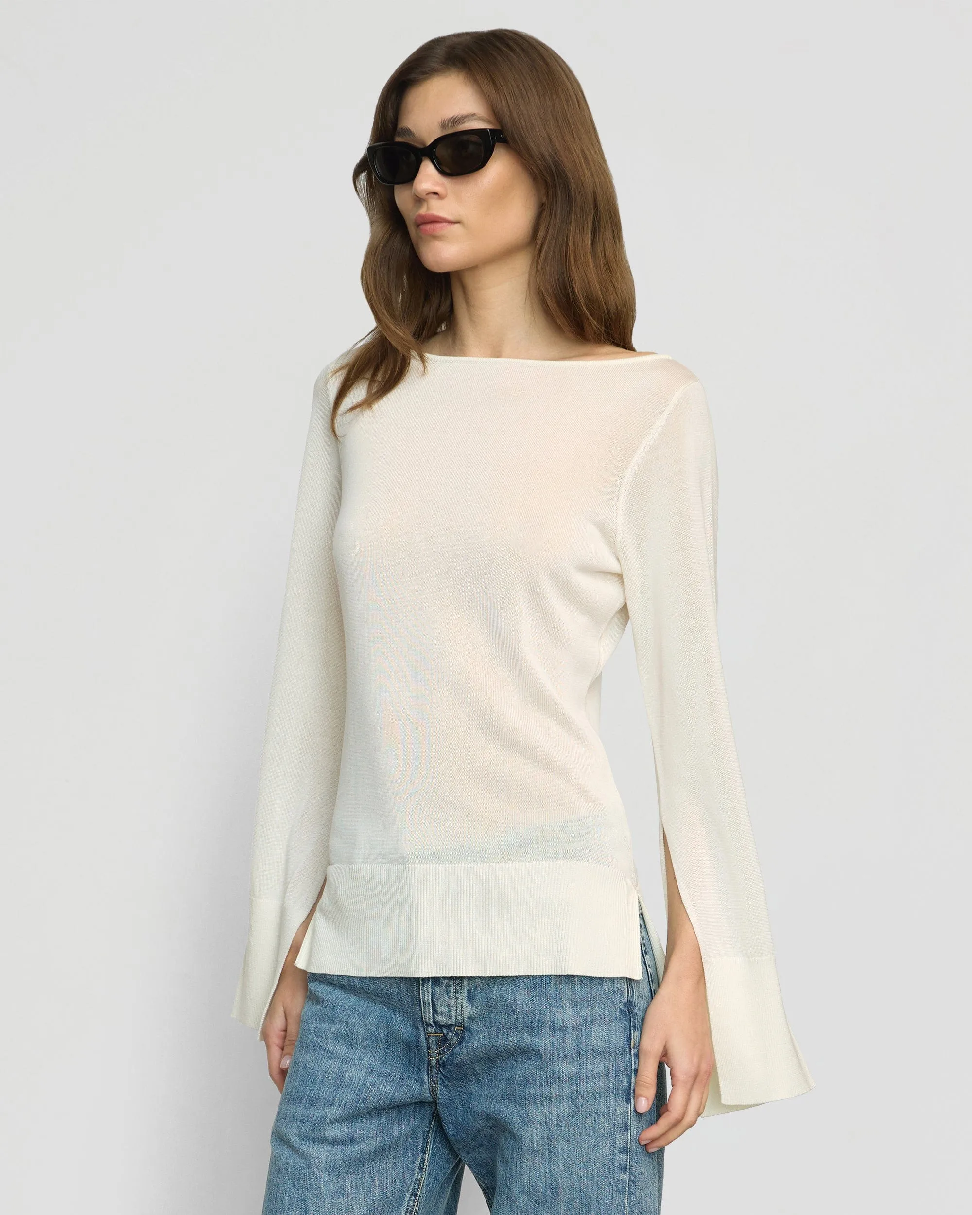 Keegan Semi-Sheer Slit-Neck Knit Top