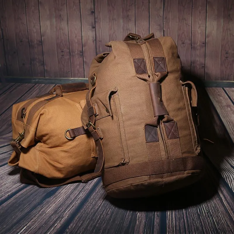 Khaki CANVAS Barrel MENS 20'' Bucket BACKPACK Brown Travel Backpack Khaki One Shoulder Hiking Bag For Men FOR MEN