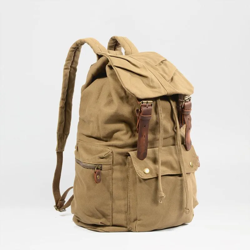Khaki Canvas Mens Large 15'' Hiking Backpack Travel Backpack College Bag Computer Backpack for Men
