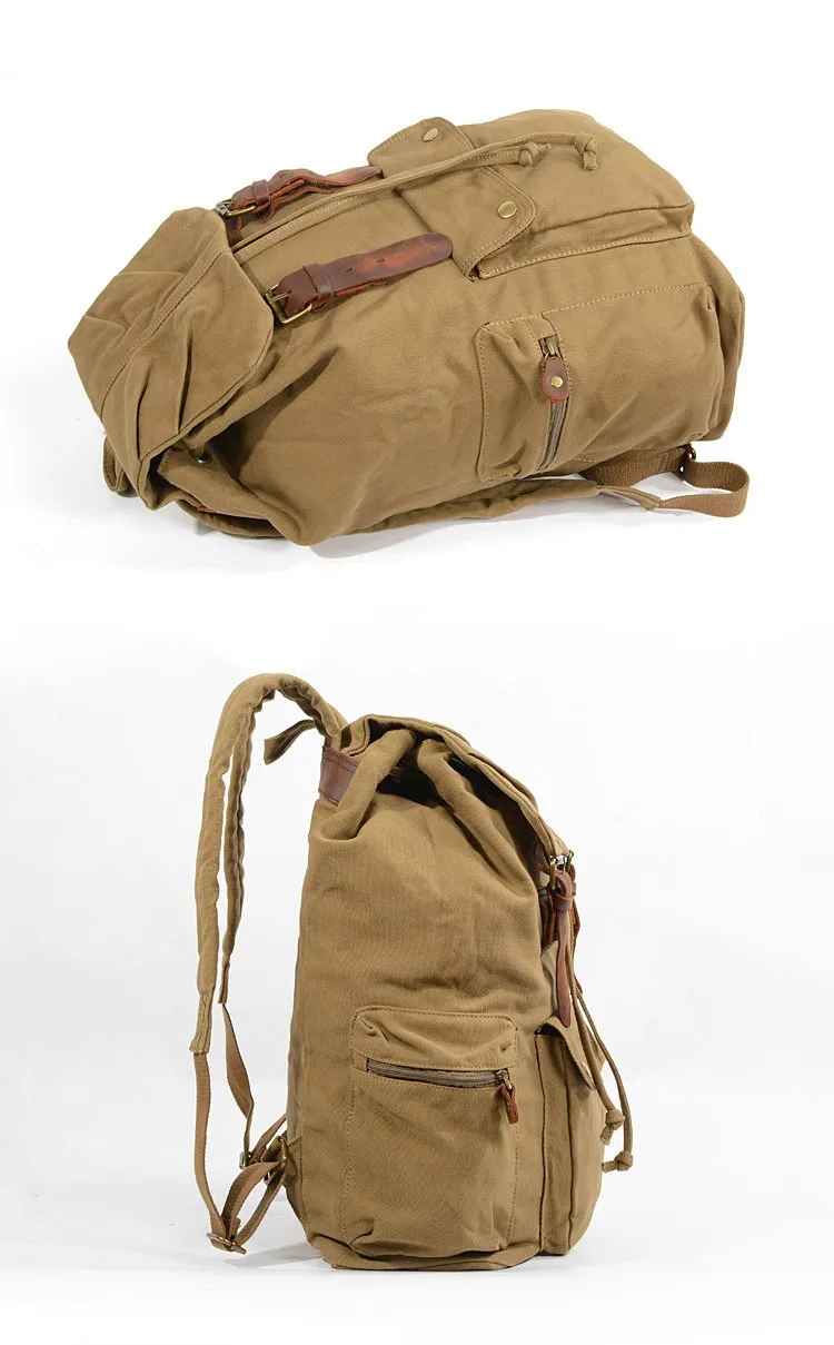 Khaki Canvas Mens Large 15'' Hiking Backpack Travel Backpack College Bag Computer Backpack for Men