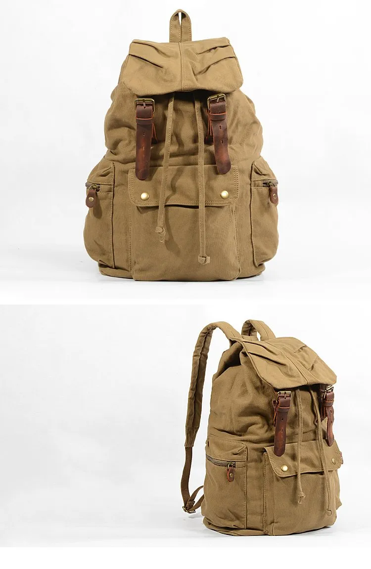 Khaki Canvas Mens Large 15'' Hiking Backpack Travel Backpack College Bag Computer Backpack for Men