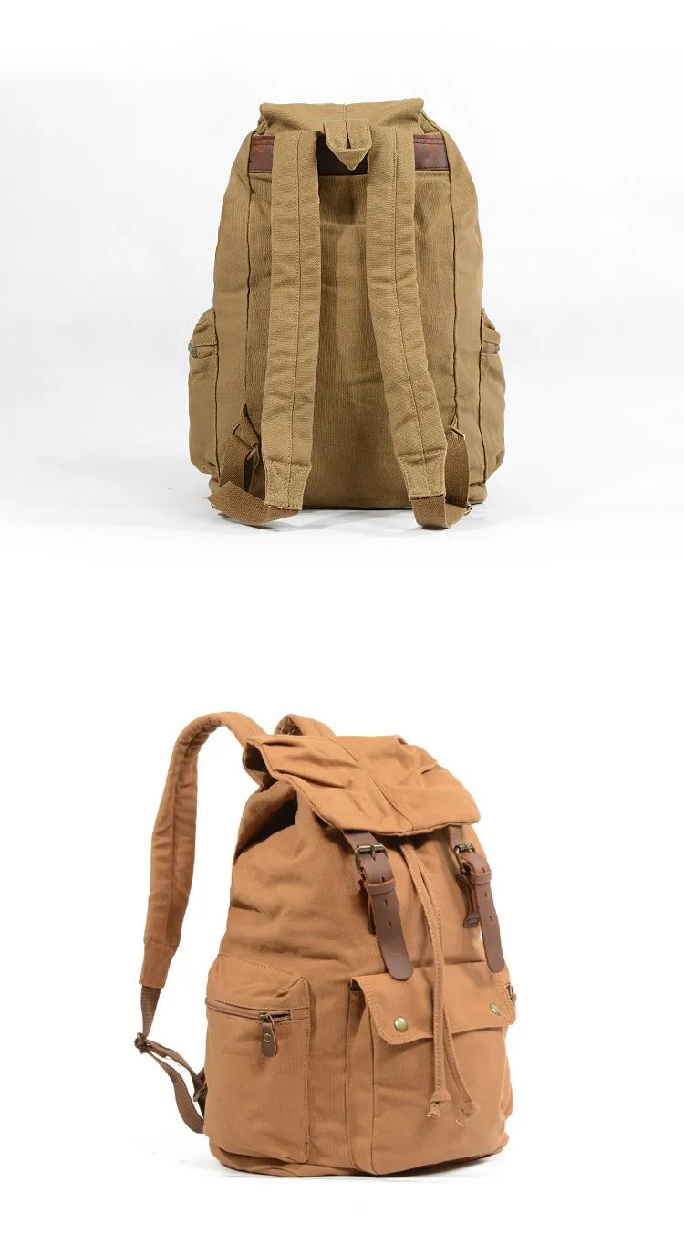Khaki Canvas Mens Large 15'' Hiking Backpack Travel Backpack College Bag Computer Backpack for Men
