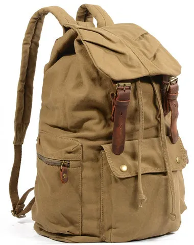 Khaki Canvas Mens Large 15'' Hiking Backpack Travel Backpack College Bag Computer Backpack for Men