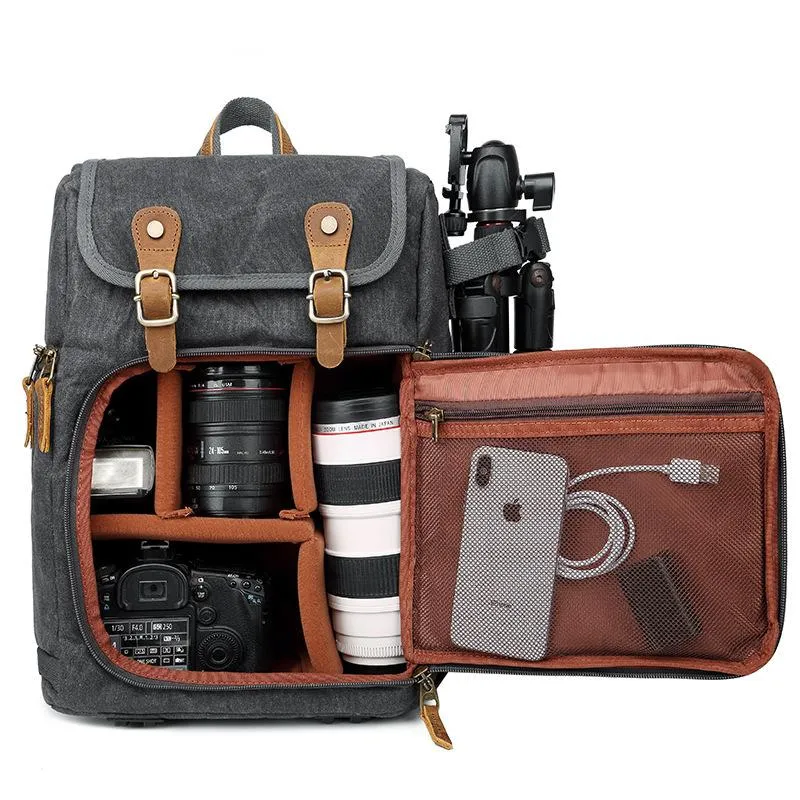 Khaki CANVAS WATERPROOF MENS 15'' CANON CAMERA BACKPACK LARGE NIKON CAMERA BAG DSLR CAMERA BAG FOR MEN