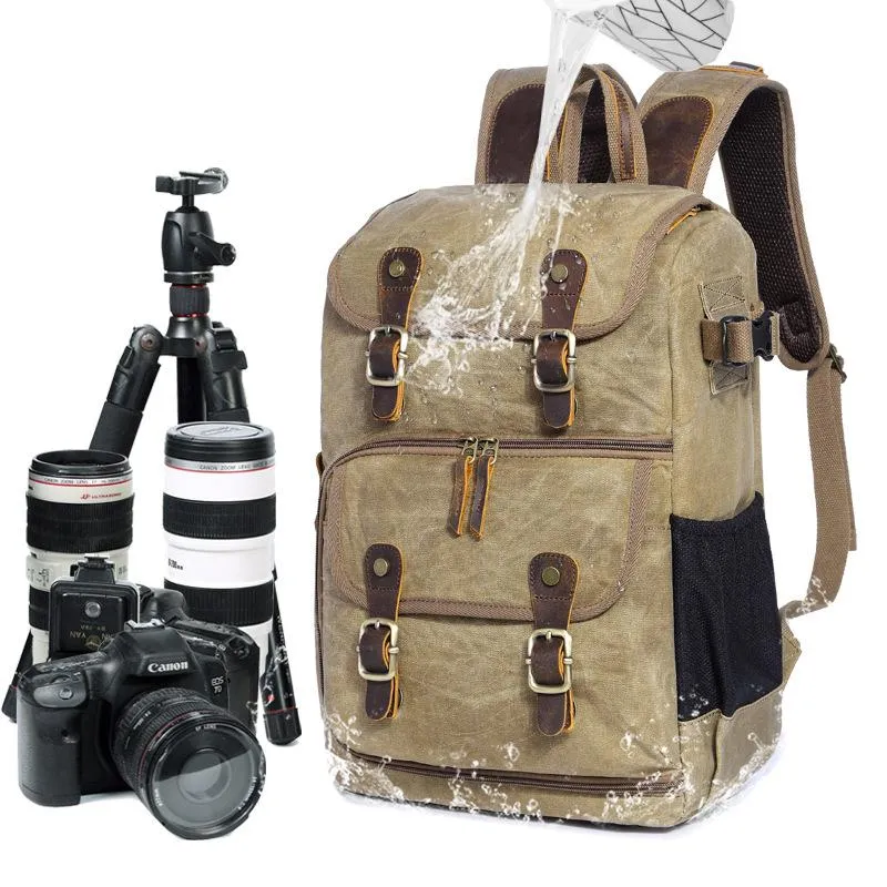 Khaki CANVAS WATERPROOF MENS 15'' CANON CAMERA BACKPACK LARGE NIKON CAMERA BAG DSLR CAMERA BAG FOR MEN