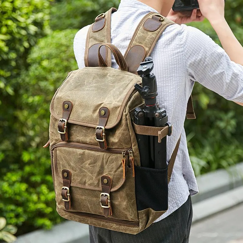 Khaki CANVAS WATERPROOF MENS 15'' CANON CAMERA BACKPACK LARGE NIKON CAMERA BAG DSLR CAMERA BAG FOR MEN