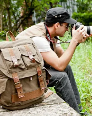 Khaki CANVAS WATERPROOF MENS 16'' CAMERA BACKPACK Army Green LARGE NIKON CAMERA BAG DSLR CAMERA BAG FOR MEN