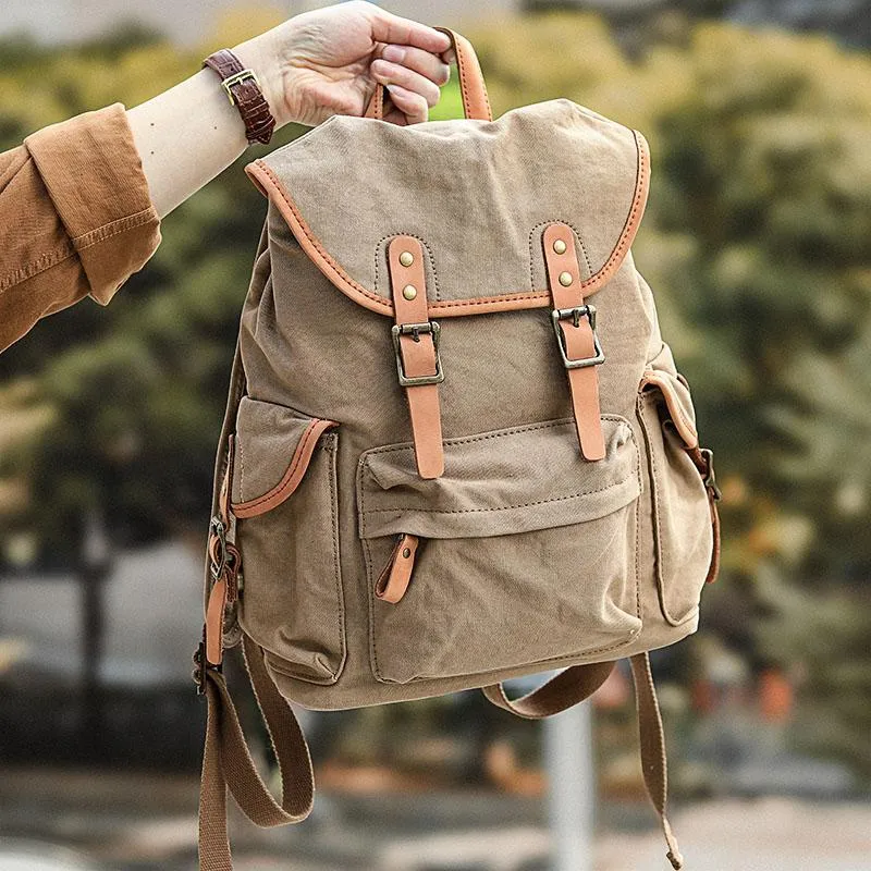Khaki Retro Canvas Mens Womens Travel Backpack College Backpack Green Canvas School Backpack For Men