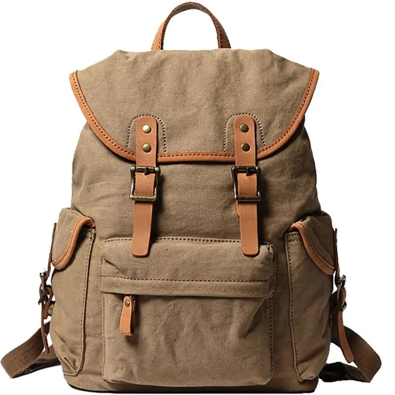 Khaki Retro Canvas Mens Womens Travel Backpack College Backpack Green Canvas School Backpack For Men
