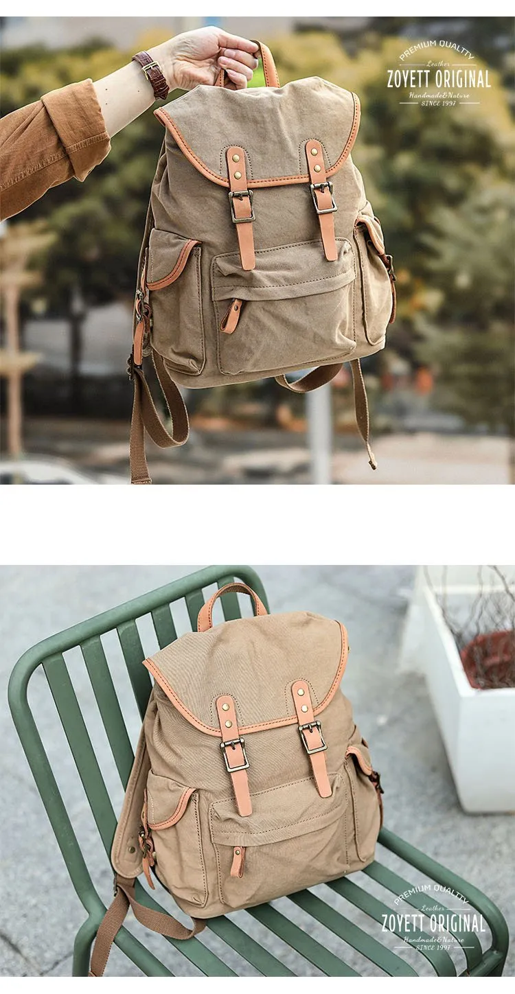 Khaki Retro Canvas Mens Womens Travel Backpack College Backpack Green Canvas School Backpack For Men