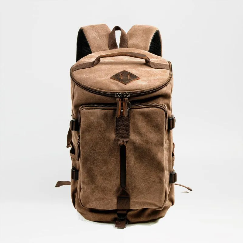 Khaki Waxed Canvas Mens Waterproof Dark Gray Large Hiking Backpack Travel Backpack Barrel Bag for Men