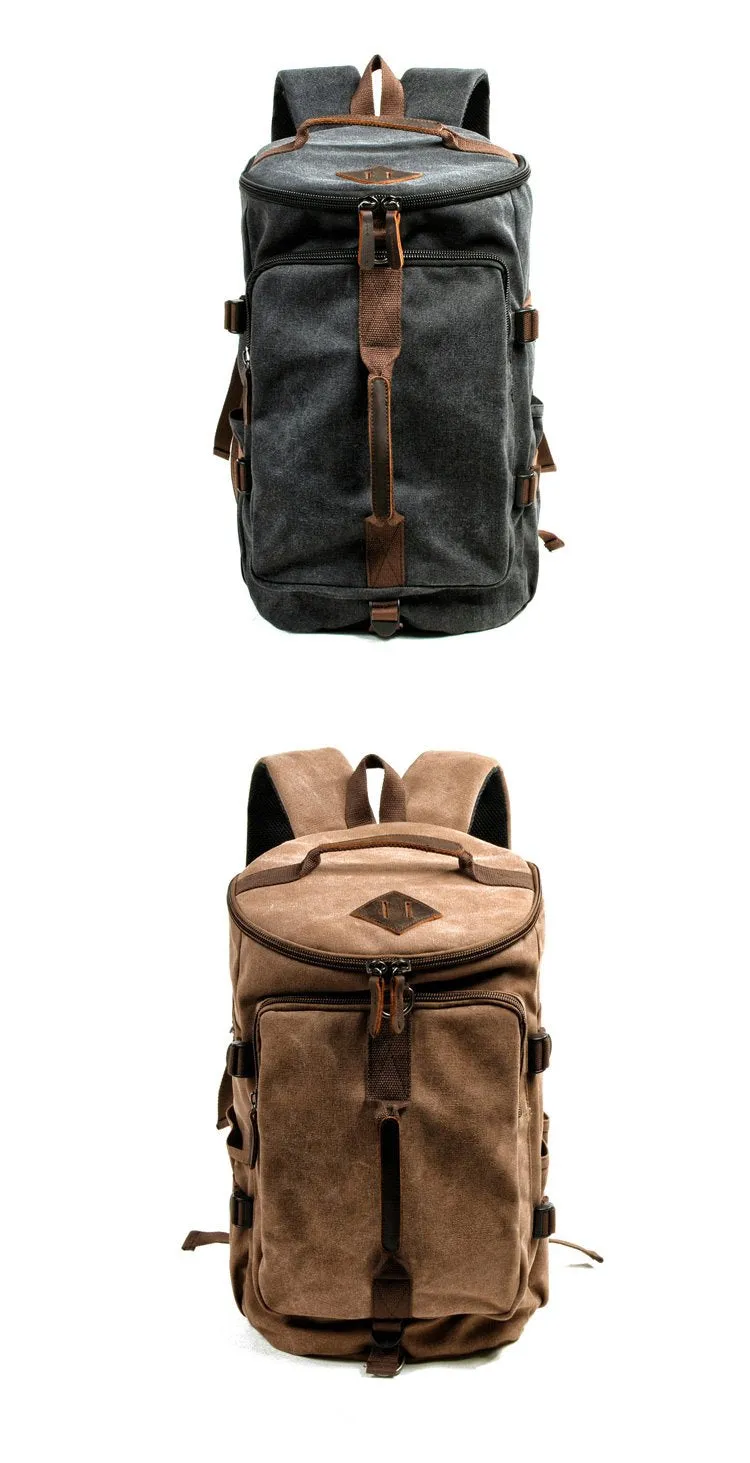 Khaki Waxed Canvas Mens Waterproof Dark Gray Large Hiking Backpack Travel Backpack Barrel Bag for Men