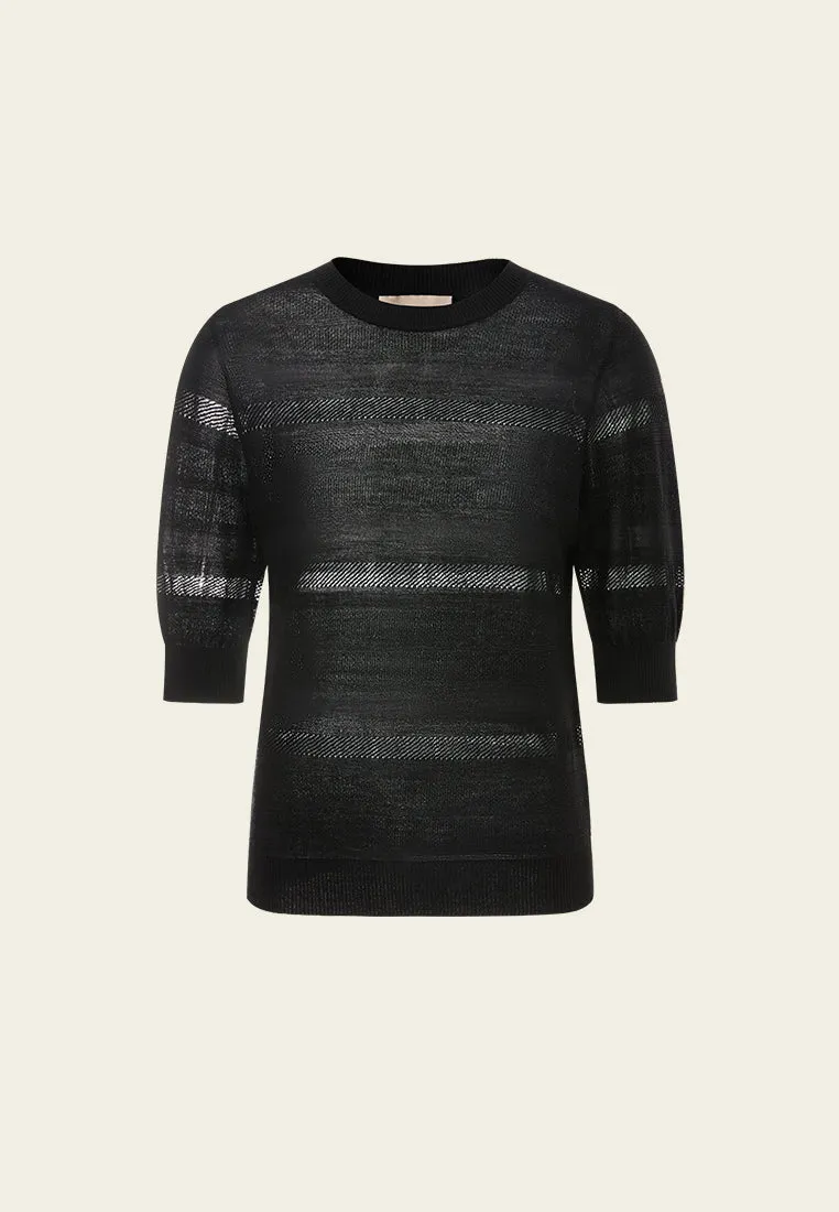 Knitted Stripped Ribbed-trim T-shirt