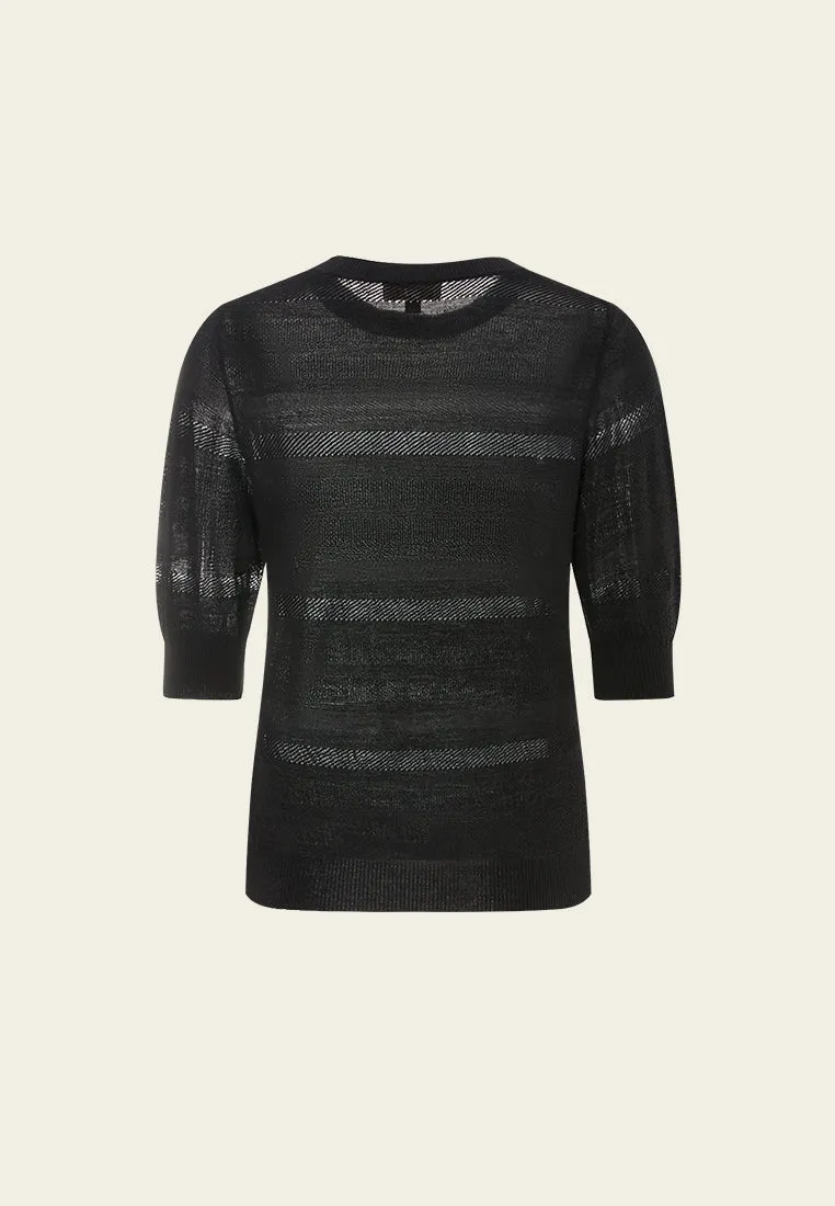 Knitted Stripped Ribbed-trim T-shirt