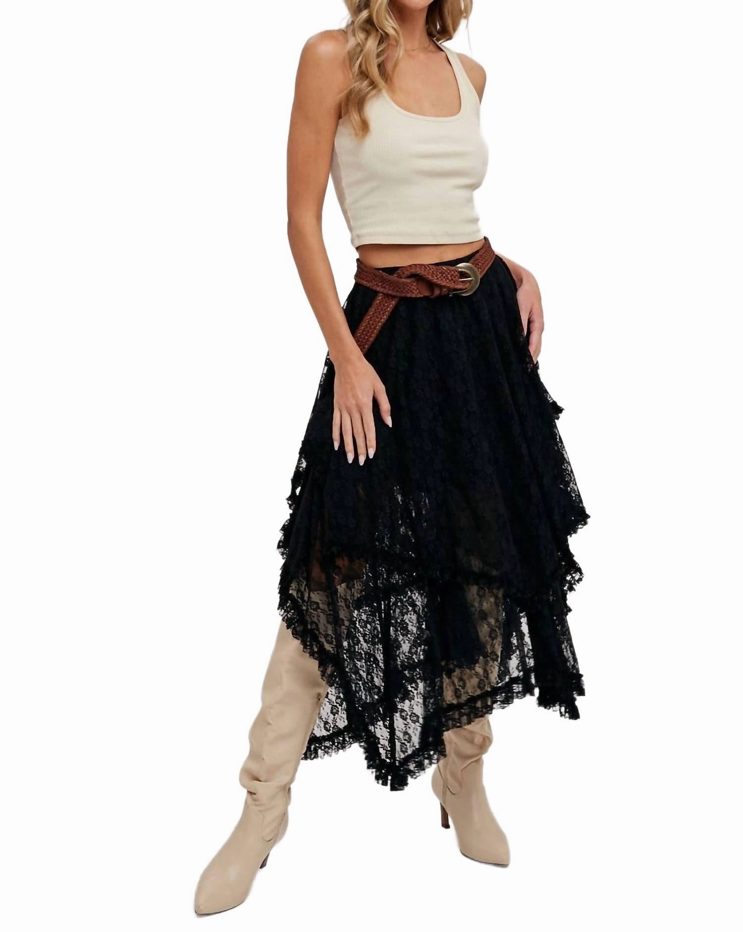 Lace Tier Midi Skirt In Black