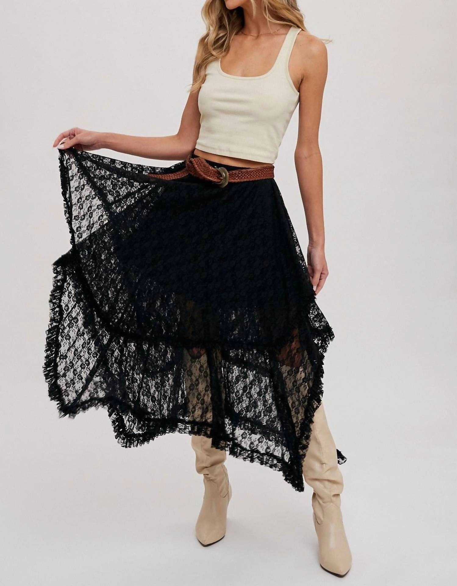 Lace Tier Midi Skirt In Black
