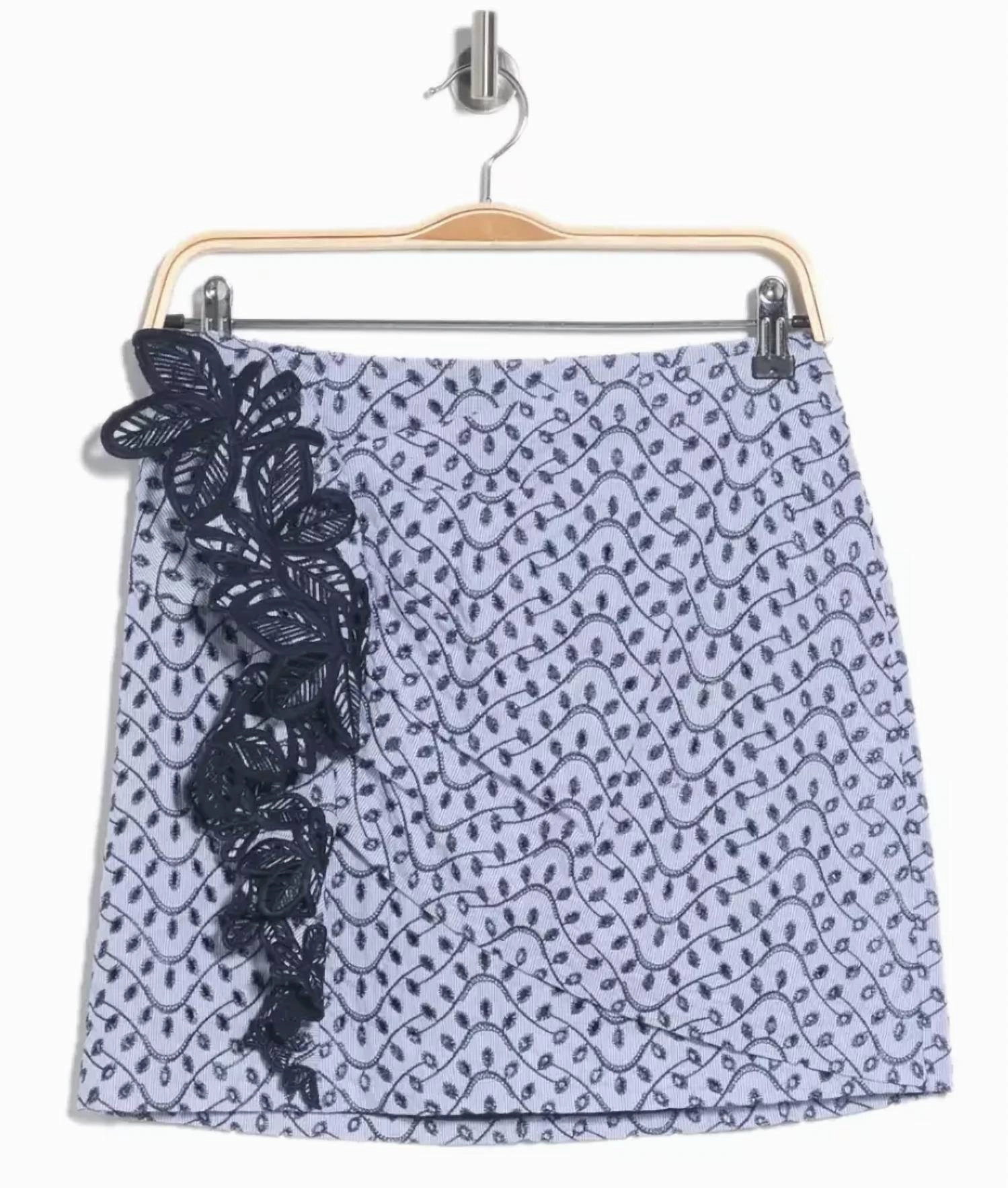 Lanah Embroidered Ruched With Lace Trim Skirt In Blue