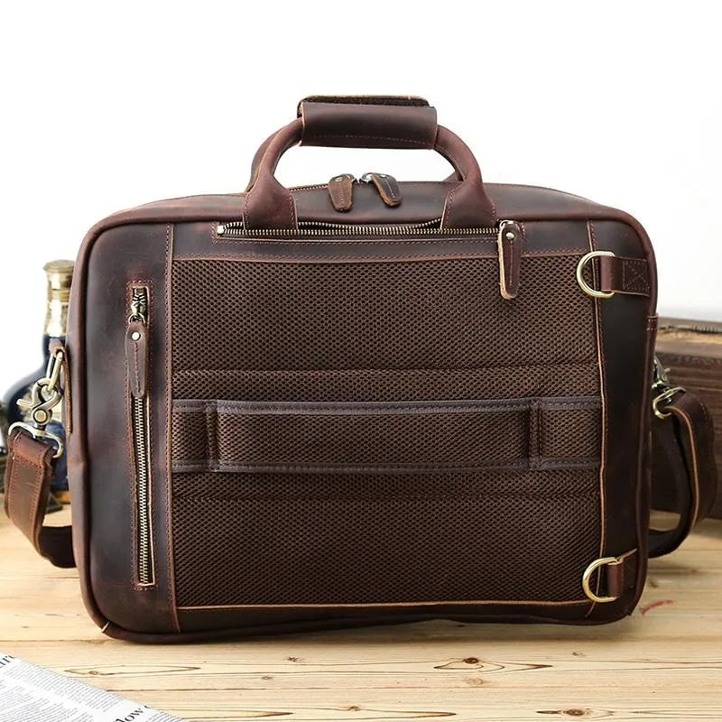 Large Brown Leather Mens Briefcase 15inch Laptop Backpack Work Bag Travel Bag For Men