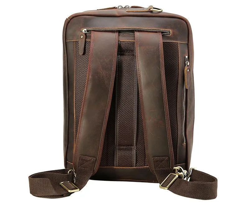 Large Brown Leather Mens Briefcase 15inch Laptop Backpack Work Bag Travel Bag For Men