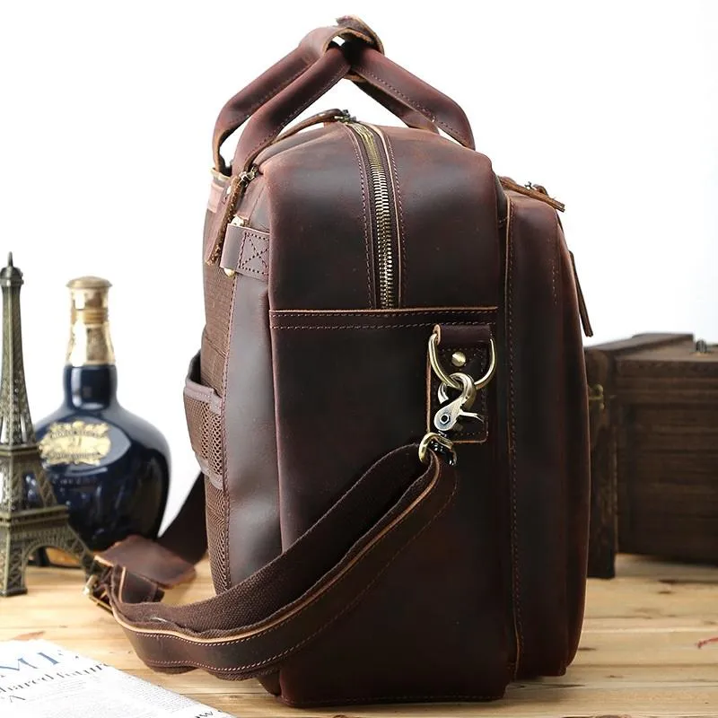 Large Brown Leather Mens Briefcase 15inch Laptop Backpack Work Bag Travel Bag For Men