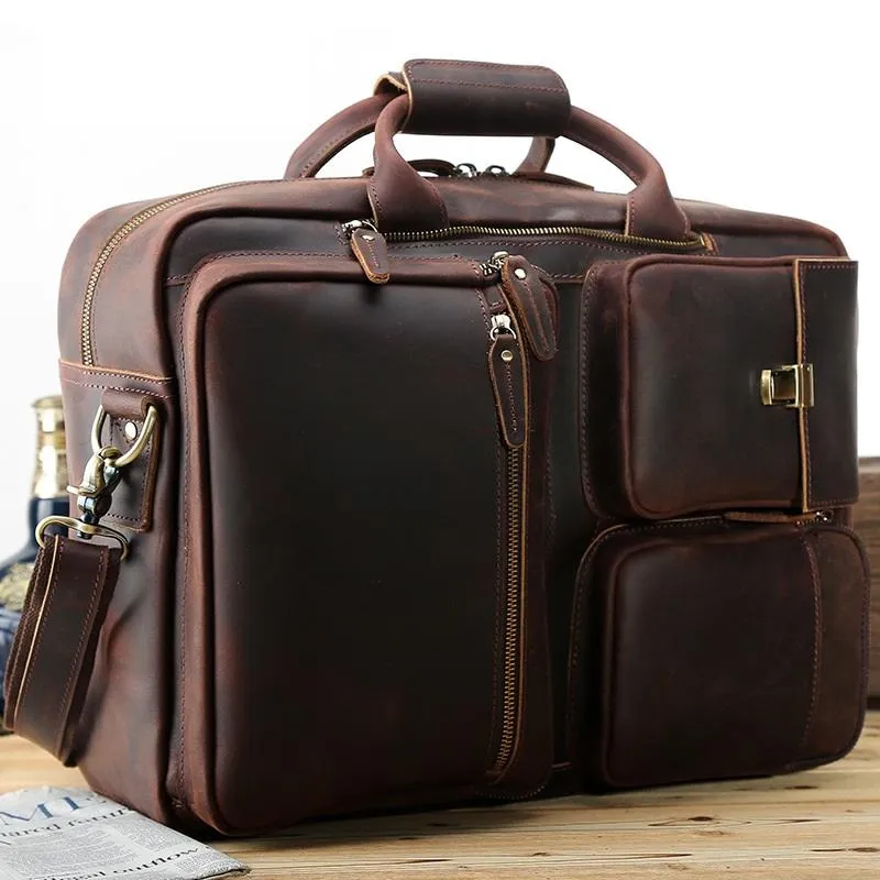 Large Brown Leather Mens Briefcase 15inch Laptop Backpack Work Bag Travel Bag For Men