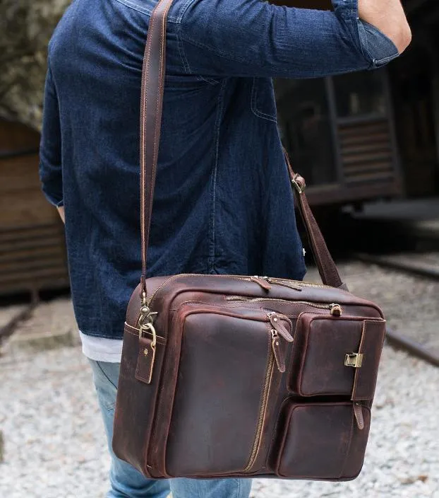 Large Brown Leather Mens Briefcase 15inch Laptop Backpack Work Bag Travel Bag For Men