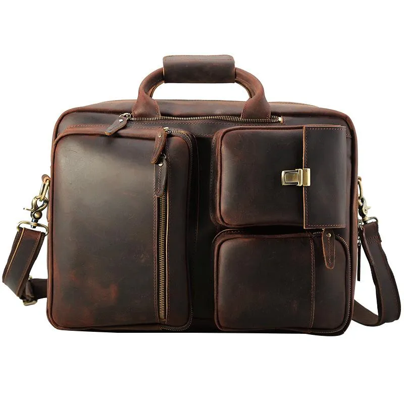 Large Brown Leather Mens Briefcase 15inch Laptop Backpack Work Bag Travel Bag For Men
