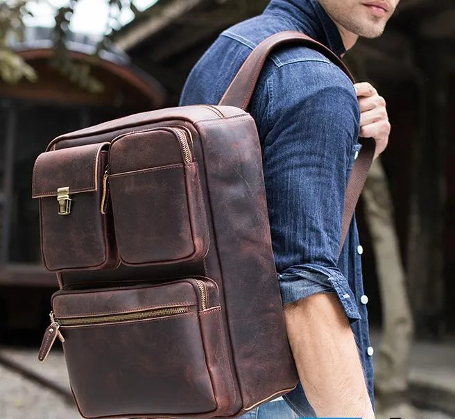 Large Brown Leather Mens Briefcase 15inch Laptop Backpack Work Bag Travel Bag For Men