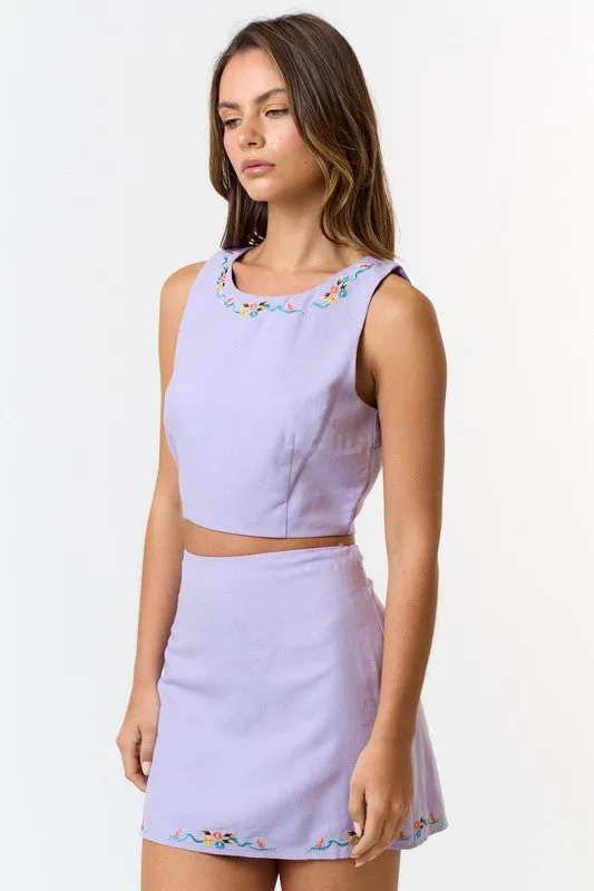 Lavender Floral Embroidered Linen Crop Top