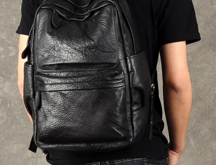 Leather Black Mens Cool Backpack Large Travel Backpack Hiking Backpack for men