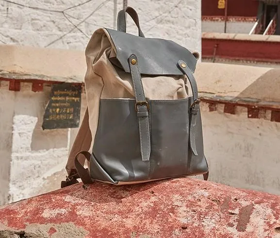 Leather Canvas Mens Cool Backpack Canvas Travel Bag Canvas School Bag for Men