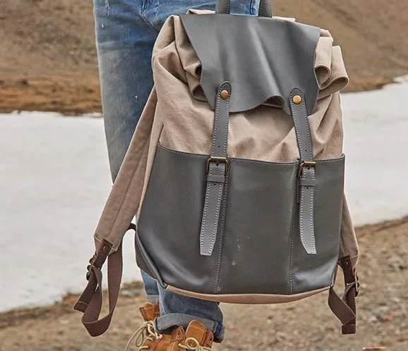 Leather Canvas Mens Cool Backpack Canvas Travel Bag Canvas School Bag for Men