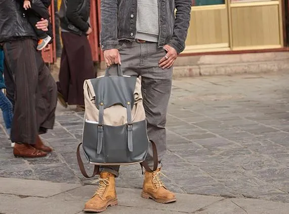 Leather Canvas Mens Cool Backpack Canvas Travel Bag Canvas School Bag for Men