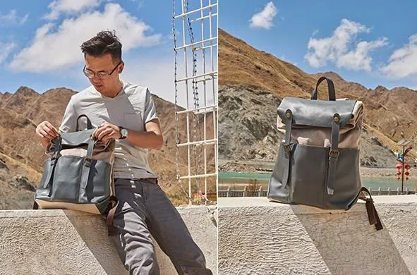 Leather Canvas Mens Cool Backpack Canvas Travel Bag Canvas School Bag for Men