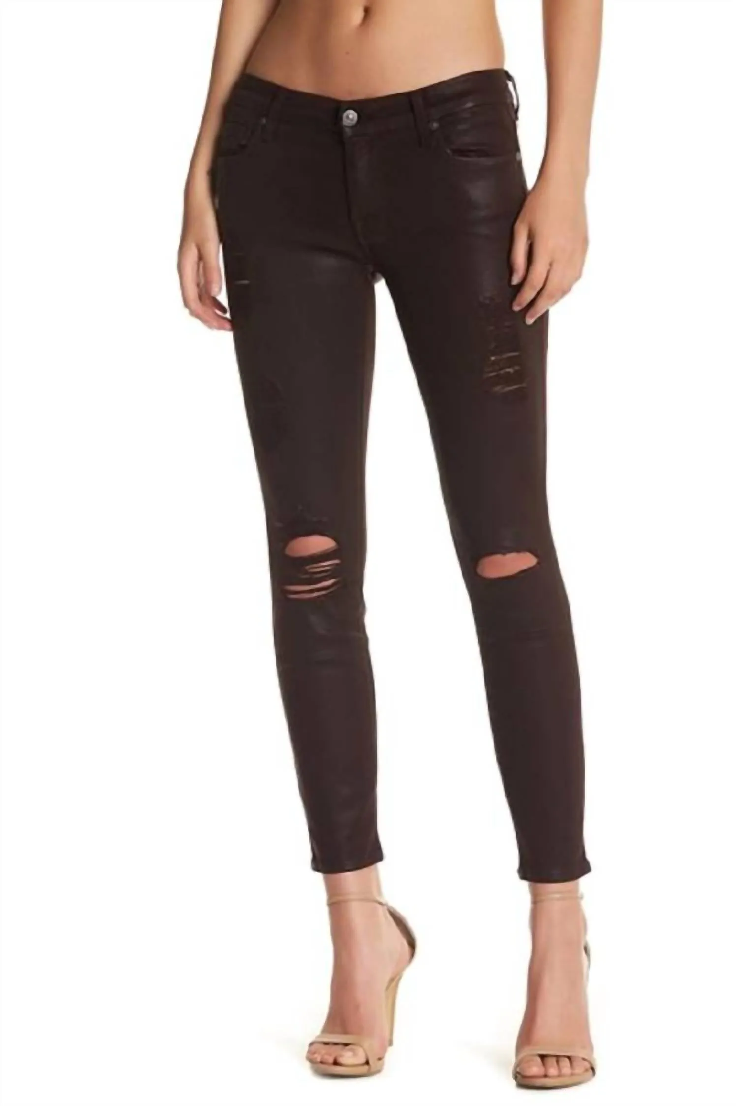 Leather Coated Distressed Skinny Jeans In Burgundy