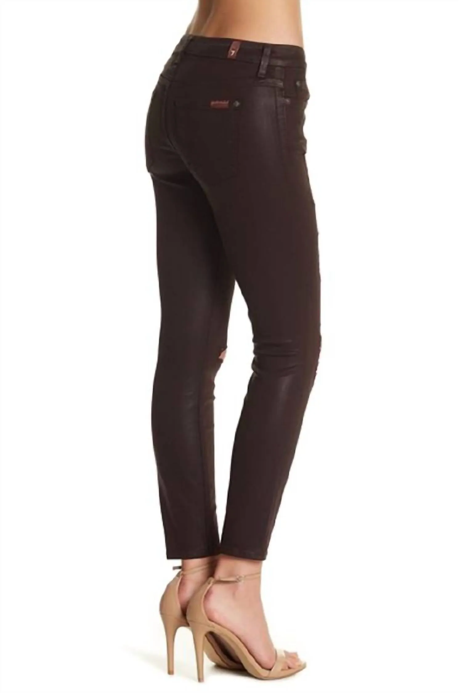 Leather Coated Distressed Skinny Jeans In Burgundy