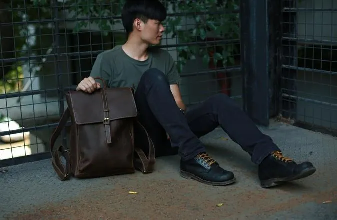 Leather Coffee Mens Backpack Cool Travel Backpacks Laptop Backpack for men