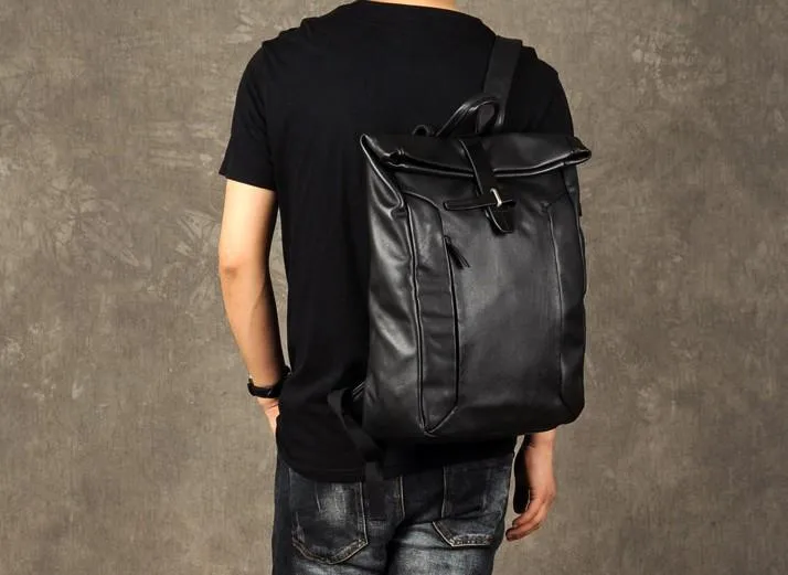 Leather Mens Black Cool Backpack Large Travel Bag School Bag for men