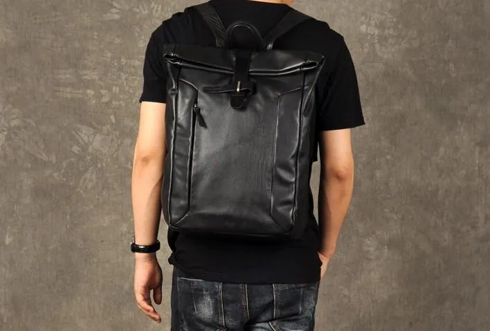 Leather Mens Black Cool Backpack Large Travel Bag School Bag for men