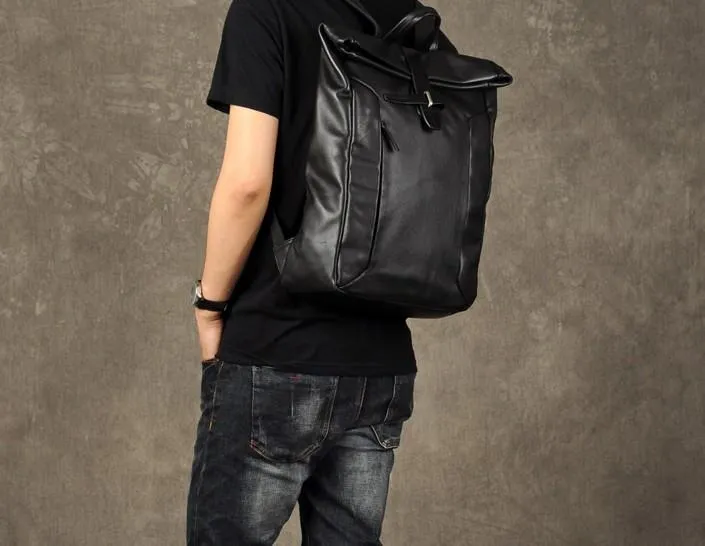 Leather Mens Black Cool Backpack Large Travel Bag School Bag for men